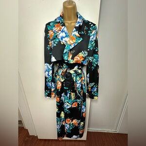 MINKPINK Black YellowGreen Floral Simply Bloom Long Sleeve TieWaist Dress/Coat S